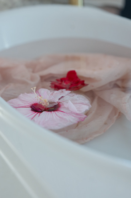 Bain préparé avec une fleur rose et des pétales